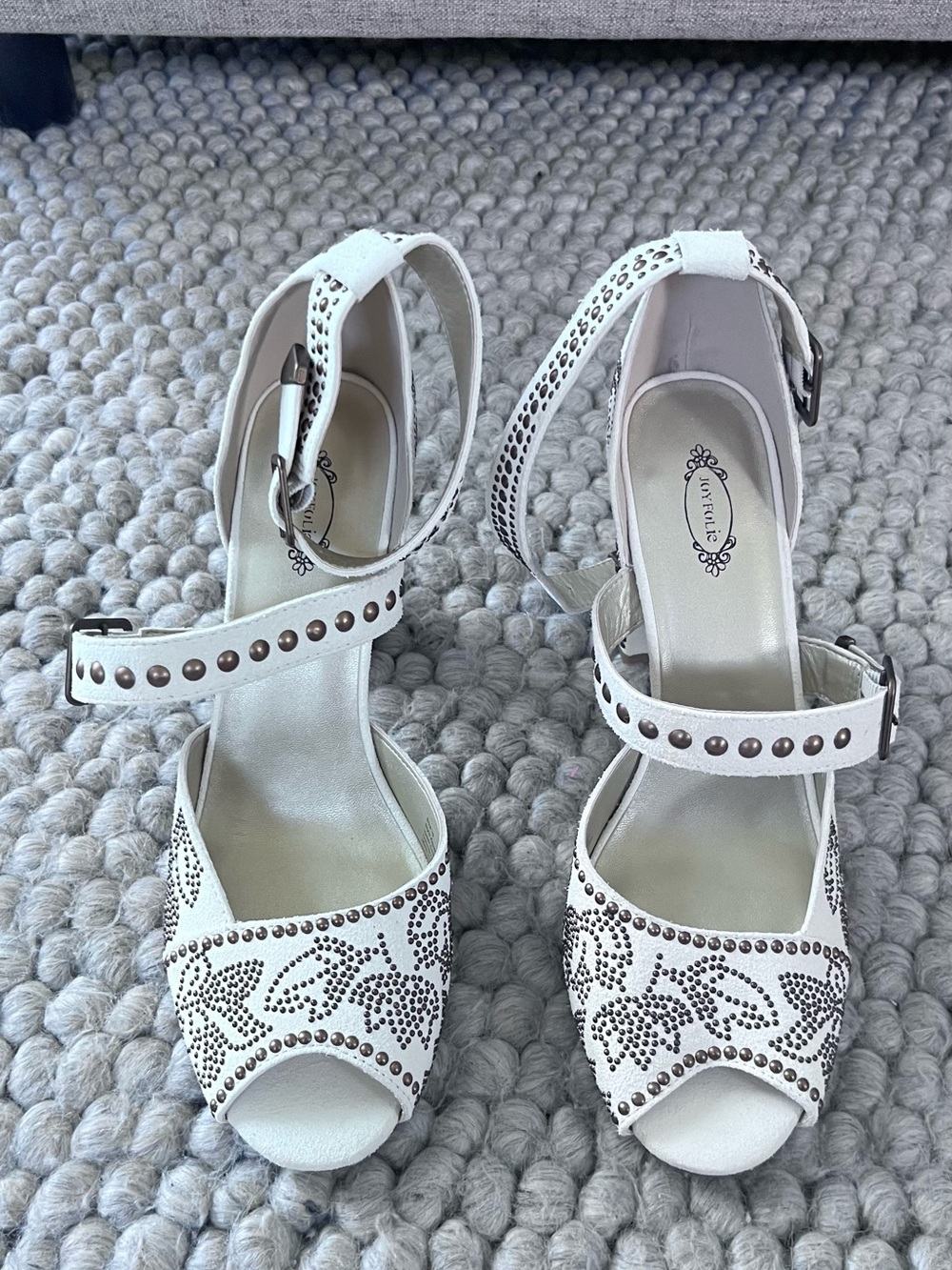 Joyfolie White Studded Open-Toe Ankle Strap Heels